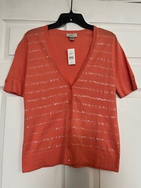 LOFT Short Sleeve Cardigan - Women’s S, Cotton Coral, Sequin Stripe Detail - NWT
